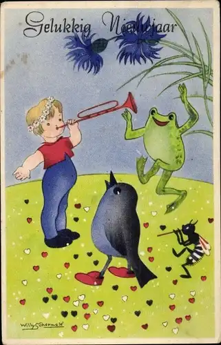 Künstler Ak Schermele, Willy, Gelukkig Nieuwjaar, Zwergenwesen, Frosch, Vogel, Insekt