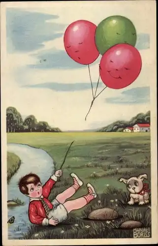 Künstler Ak Boriss, Margret, Junge mit Luftballons, Hund, Amag 0337