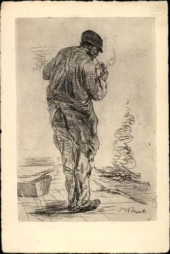 Künstler Ak Israels, Jozef, Mann zündet Pfeife an, Feuer