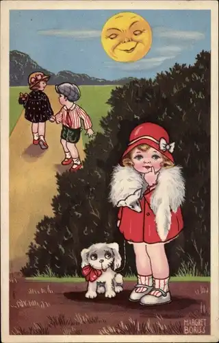 Künstler Ak Boriss, Margret, Mädchen mit Fuchspelz, Hund, Sonne mit Gesicht
