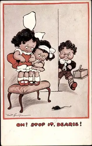 Künstler Ak Spurgin, Fred, Oh Stop it, Dearir, Junge hat Maus freigelassen, Mädchen auf einem Hocker