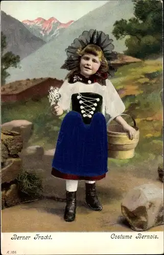 Präge Stoff Ak Berner Tracht, Costume Bernois, Mädchen