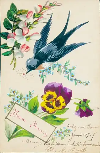 Handgemalt Ak Glückwunsch Neujahr, Schwalbe, Stiefmütterchen