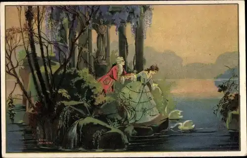 Künstler Ak Liebespaar an einem Tempel, Frau füttert Schwäne