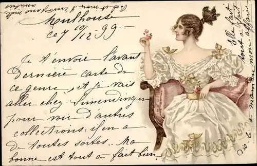 Litho Junge Frau im Ballkleid mit hochgesteckten Haaren auf einem Sofa sitzend