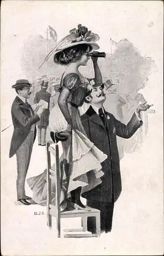 Ak Personen auf der Pferderennbahn, Frau mit Fernglas steht auf einem Stuhl