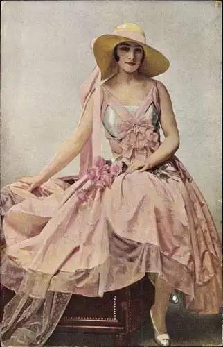 Künstler Ak Etcheverry, Portrait in pink, Frauenbildnis, rosa Kleid