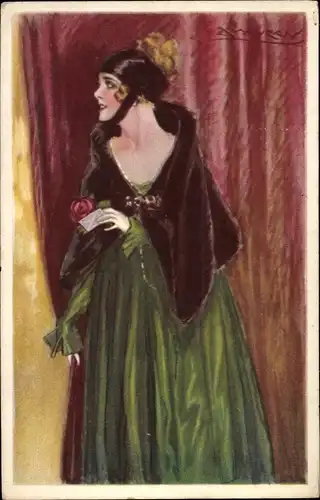 Künstler Ak Mauzan, Frau in grünem Kleid mit Brief hinter der Bühne