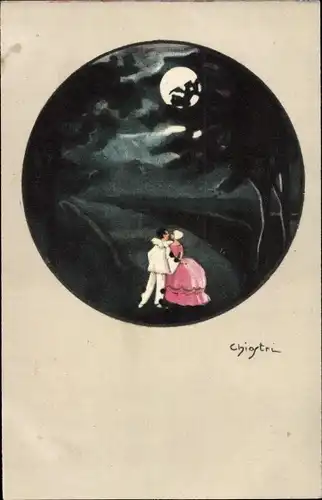 Künstler Ak Chiostri, Pierrot mit Frau im Mondschein