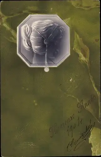 Jugendstil Präge Litho Glückwunsch Neujahr, Frauenportrait, Haarschmuck