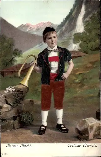 Stoff Ak Kanton Bern, Junge in Berner Tracht mit Trompete