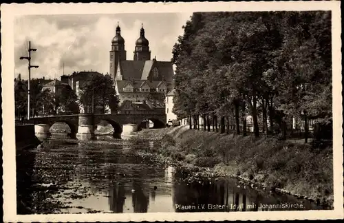 Ak Plauen im Vogtland, Elster Idyll mit Johanniskirche, Brücke