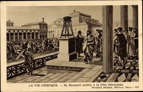 Ak Griechenland, La vie Grecque, Banquet public à la Fête Hécatésia