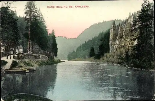 Ak Karlovy Vary Karlsbad Stadt, Hans Heiling, Flusspartie, Anlegestelle, Felsformationen