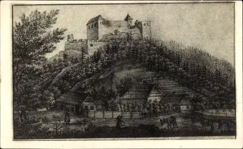 Künstler Ak Záchlumí u Žamberka Sachlum Region Pardubice, Hrad Litice nad Orlicí, Burg Lititz