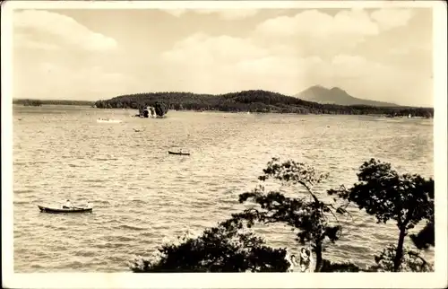 Ak Staré Splavy Thammühl Doksy Hirschberg am See Region Reichenberg, Machovo jezero, vzadu Bezdez