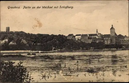 Ak Grudziądz Graudenz Westpreußen, Weichselpartie mit Schloßberg