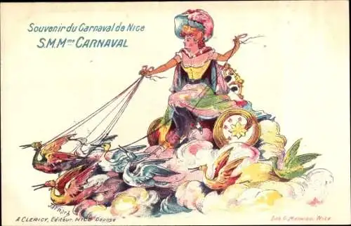 Künstler Litho Nice Nizza Alpes Maritimes, Carneval, S.M. Mme Carnaval, Frau, Vögel