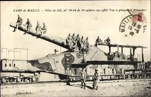 Ak Mailly le Camp Aube, Camp de Mailly, Piece de 320, französische Soldaten, Geschütz