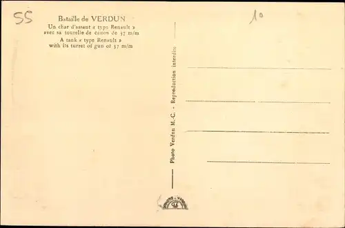 Ak Verdun Meuse, Bataille de Verdun, un Char d'Assaut, type Renault