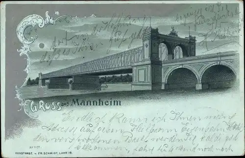 Mondschein Litho Mannheim in Baden, Rheinbrücke