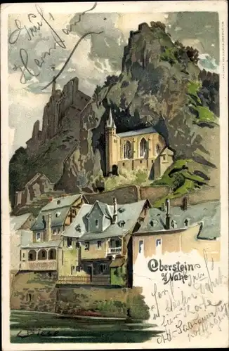 Künstler Litho Biese, C., Idar Oberstein an der Nahe, Blick zur Burgruine, Wohnhäuser