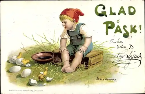 Künstler Litho Nyström, J., Glückwunsch Ostern, Kind, Küken schlüpfen aus