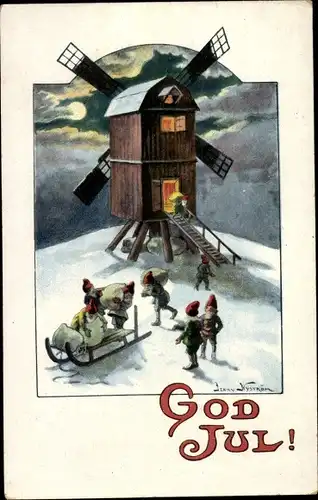 Künstler Ak Nyström, J., Glückwunsch Weihnachten, Zwerge, Schlitten Windmühle