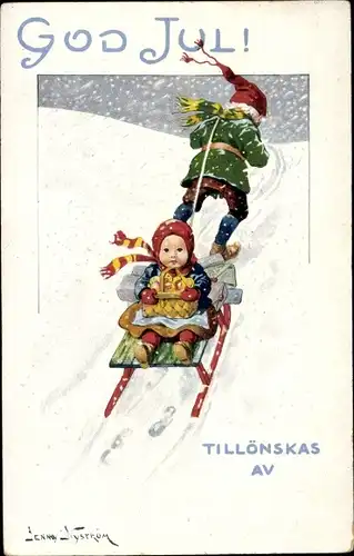 Künstler Ak Nyström, J., Glückwunsch Weihnachten, Kinder, Schlitten, Korb