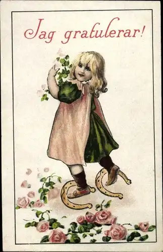 Ak Jag gratulerar, Mädchen mit Blumen, Hufeisen, Rosen