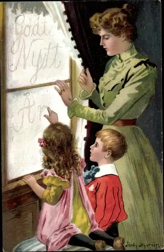 Künstler Ak Nyström, J., Glückwunsch Neujahr, Frau mit Kindern am Fenster