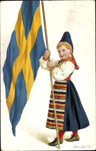 Künstler Ak Nyström, Jenny, Mädchen in schwedischer Tracht, Fahne