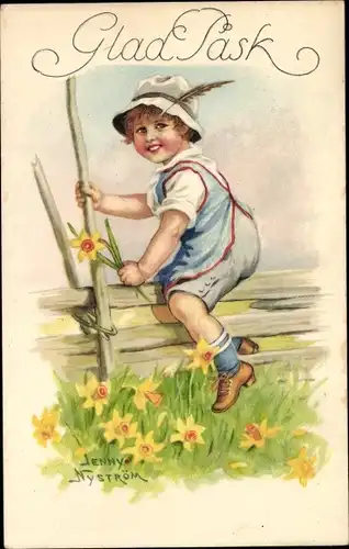 Künstler Ak Nyström, J., Glückwunsch Ostern, Kind, Zaun, Narzissen