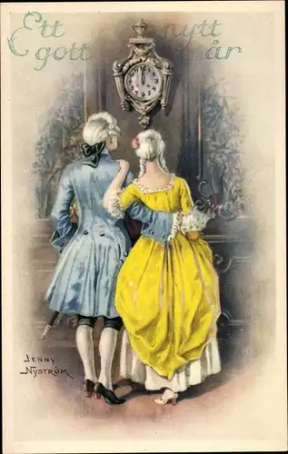 Künstler Ak Nyström, J., Glückwunsch Neujahr, Liebespaar, Uhr