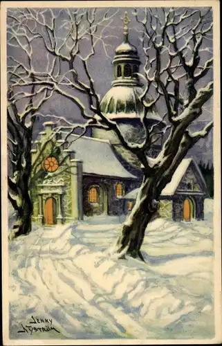 Künstler Ak Nyström, J., Kirche, Ortspartie im Winter, Winterszene
