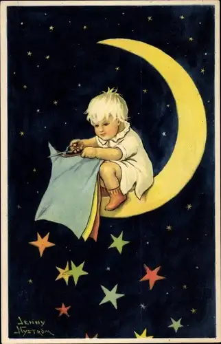 Künstler Ak Nyström, J., Junge mit Schere, Stoff, Mondschein, Sterne