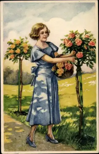 Künstler Ak Nyström, J., Frau pflückt Rosen