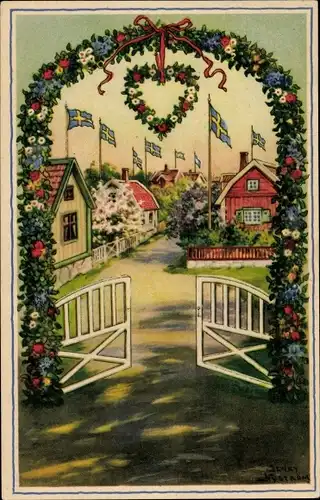 Künstler Ak Nyström, J., Geschmücktes Tor, Blumen, Festschmuck, Schwedische Fahnen