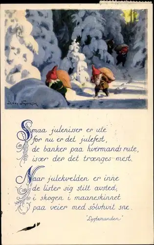 Künstler Ak Nyström, J., Zwerge tragen schwere Säcke, Winterszene, Tannenbäume