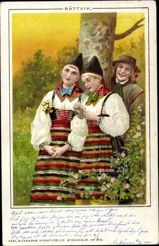 Künstler Litho Nyström, J., Zwei junge Frauen und ein junger Mann in schwedischer Tracht, Blumen
