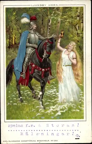 Ak Ljungby Horn, Frau in weißem Kleid, Ritter zu Pferde, Horn