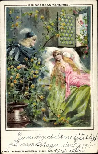 Künstler Litho Nyström, J., Prinsessan Törnros, Prinz, Frau im Bett, Blumen, Märchen