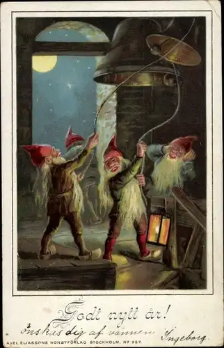 Litho Glückwunsch Neujahr, Zwerge, Glocke, Mond