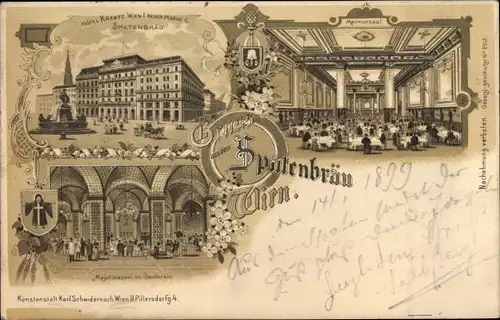 Litho Wien 1. Innere Stadt Österreich, Hotel Krantz, Neuer Markt 6, Innenansicht, Spatenbräu