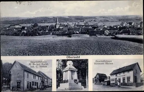 Ak Obersuhl Wildeck Hessen, Geschäftshaus M. Becker Nachf., Blick auf den Ort, Kriegerdenkmal