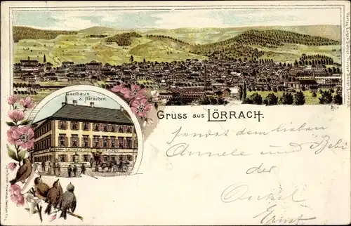 Litho Lörrach in Baden, Gasthaus zum Hirschen, Totalansicht