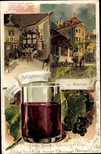 Litho Bozen Bolzano Südtirol, Gruß aus dem Batzenhäusl, Innenansicht, Weinglas, Weintrauben