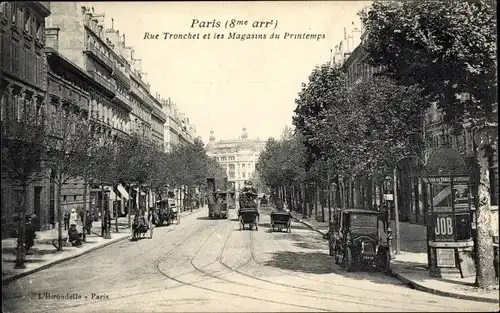 Ak Paris VIII, Rue Tronchet et les Magasins du Printemps