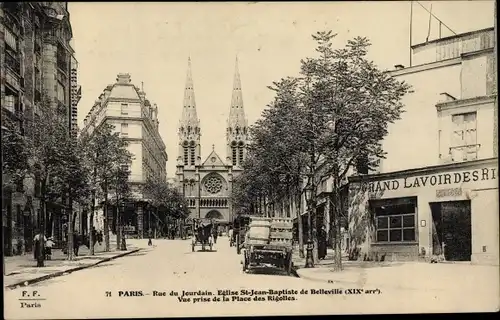 Ak Paris XIX Buttes Chaumont, Rue du Jourdain, Église St. Jean Baptiste de Belleville