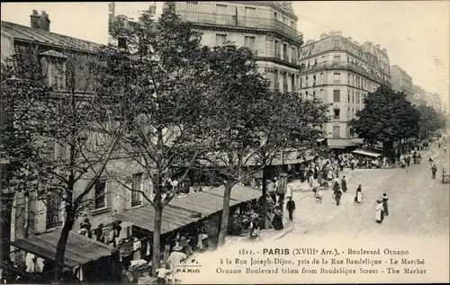 Ak Paris XVIII Montmartre, Boulevard Ornano à la Rue Joseph Dijon, le Marché